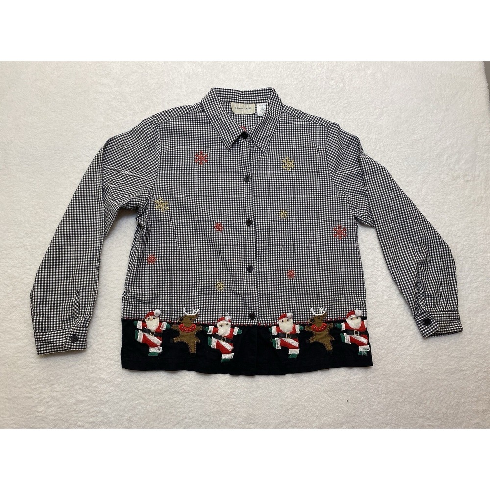 Country Chic Christmas Button Up Shirt Blouse Santa Deer Appliqué Size L *flaws*
